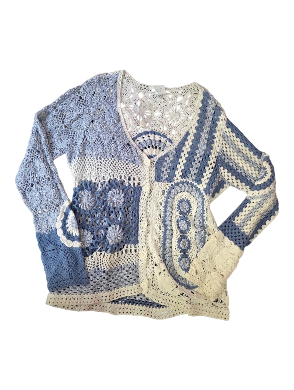 Together Blue & Cream Crochet Cardigan | Boho Patchwork Knit Sweater - Picture 2 of 7